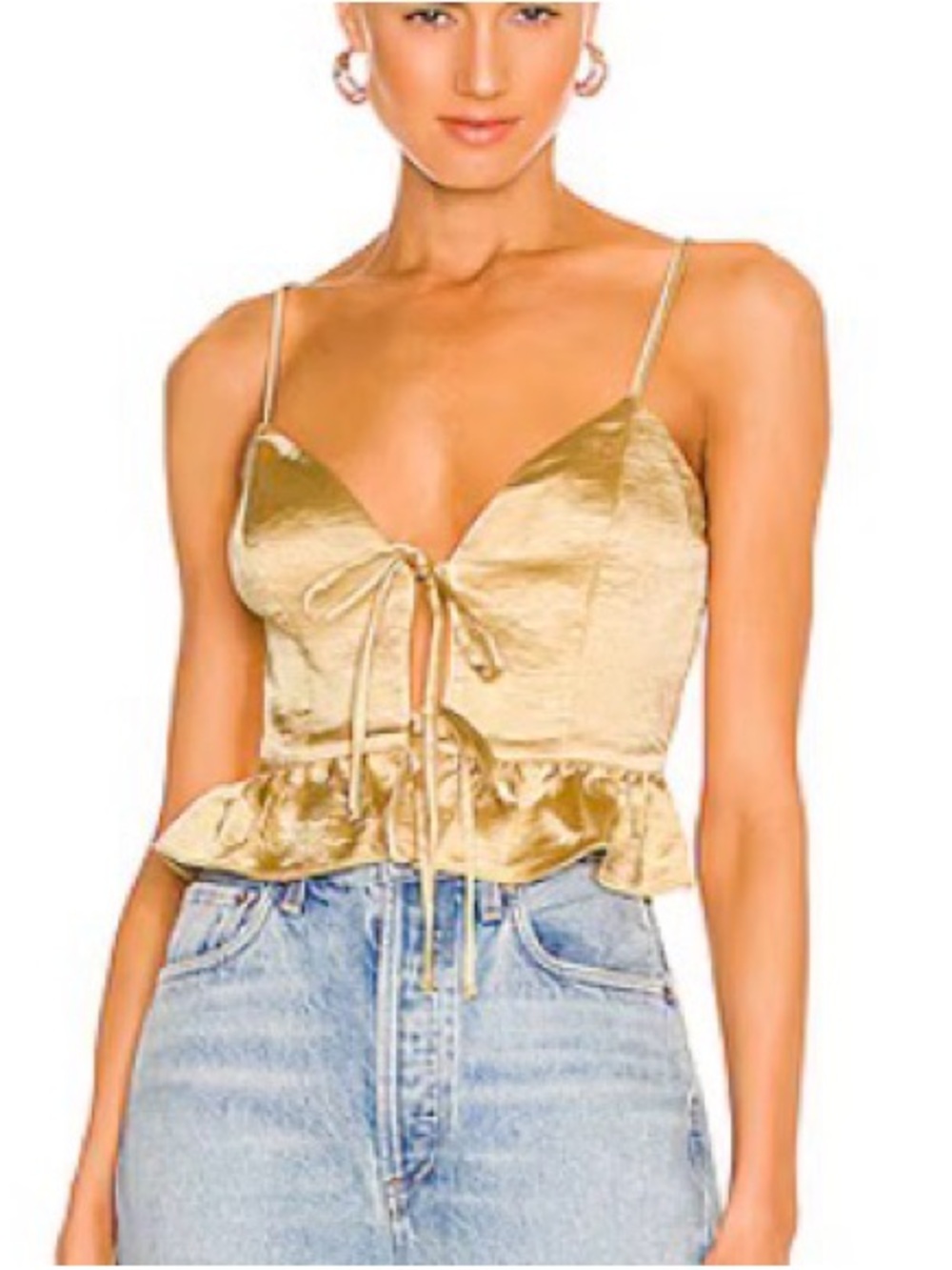 LPA Bardot Top from REVOLVE Sz Large Chartreuse Gold Tie Front